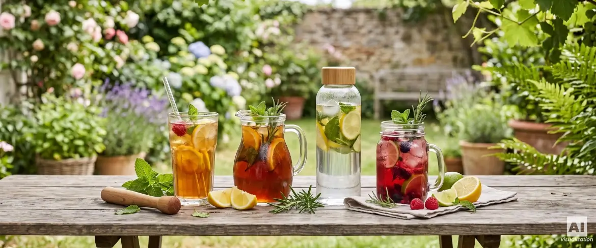 Olika kalla drycker i glas, kannor, burkar och en flaska med frukt och örter.