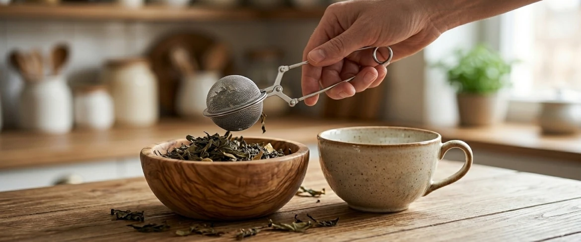 En tefilter i stål i form av en tång som används för att skopa upp lösa teblad ur en träska