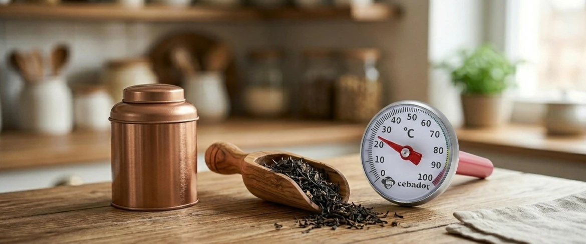 Viktiga te-tillbehör: en teburk i metall, en måttsked i trä fylld med löste och en te-termometer