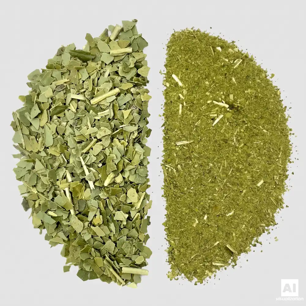 Jämförelse mellan grön ”despalada” yerba mate och finmald chimarrão.