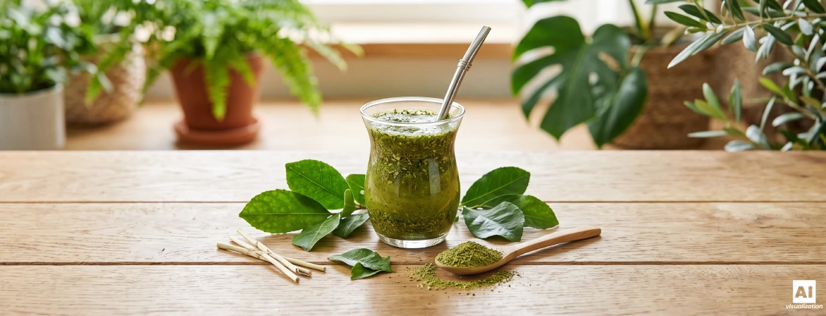 Glaskärl med brasiliansk grön yerba mate, yerba mate-blad och gröna torkade blad på en sked.