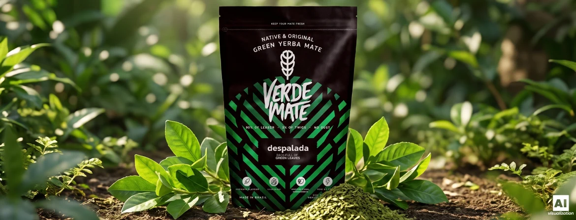 Verde Mate Green Despalada i doypack-förpackning bland färska blad och torkad grön yerba mate.