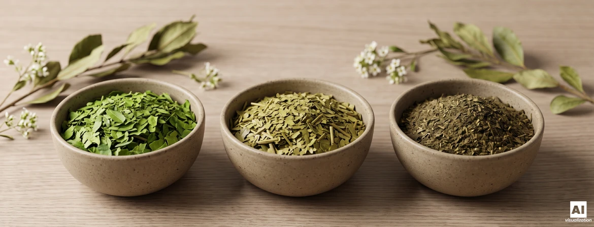 Tre skålar med torkade yerba mate-blad i olika färger, finhet och styrka.
