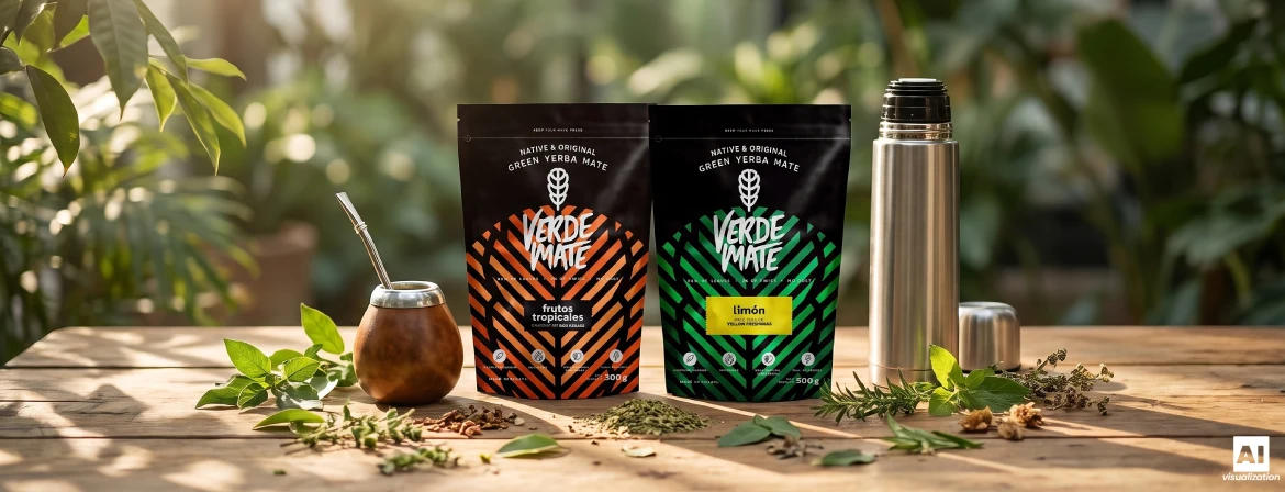Ett set för att brygga brasiliansk yerba mate, bestående av en mate-kalebass, en bombilla, en termos och Verde Mate-påsar.