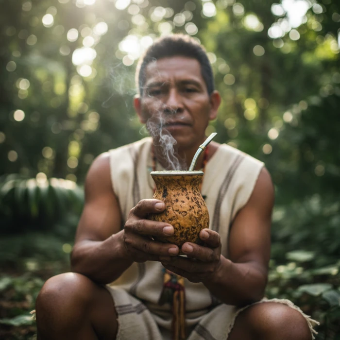 Guaraní-man som dricker yerba mate ur en traditionell kalebass omgiven av tropisk vegetation