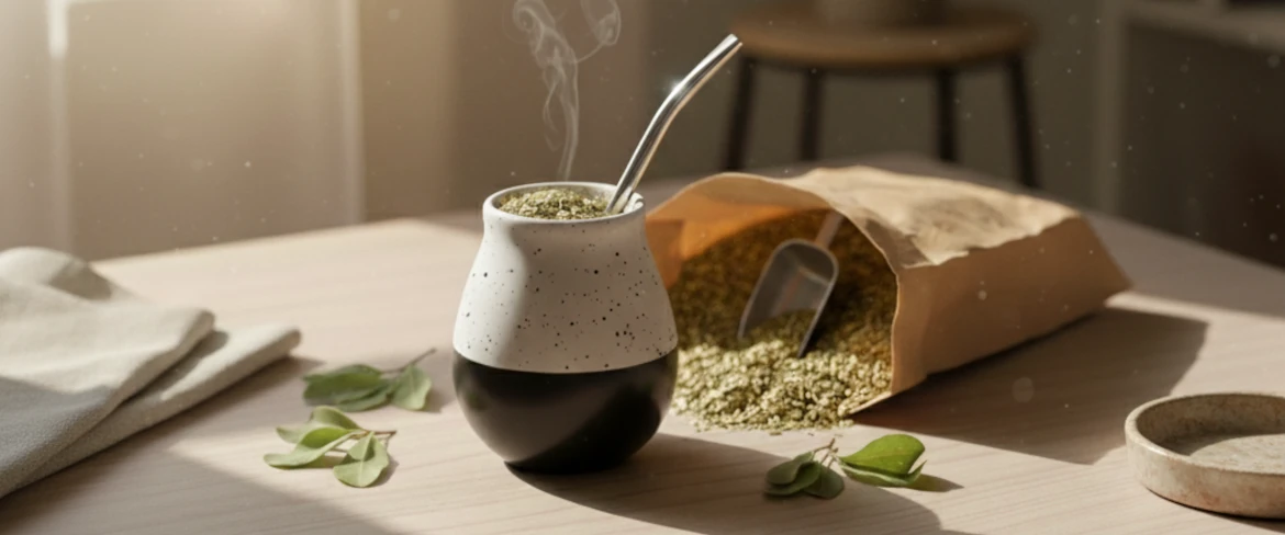 Keramisk mate-kalebass med yerba mate och en bombilla – keramiskt yerba mate-kärl i naturligt ljus