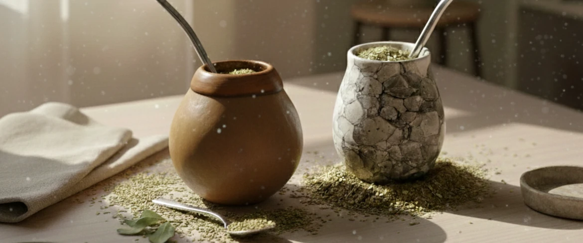 Jämförelse: naturlig kalebass och keramisk matekalebass sida vid sida