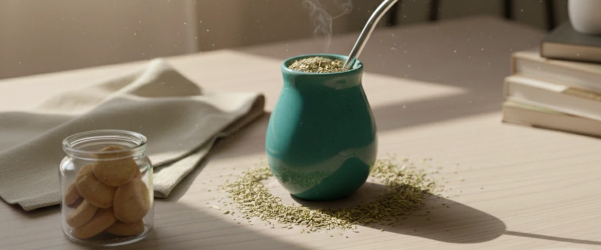 Modern keramisk mate-kalebass med yerba mate och bombilla – yerba mate-kärl i varmt ljus