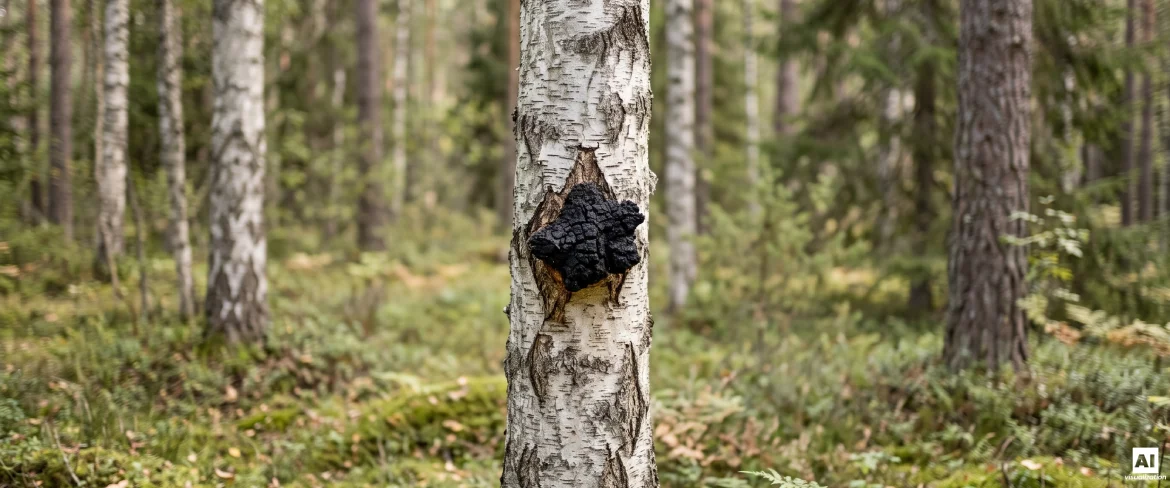 Svart chaga växer på en björkstam i en skog i norr.