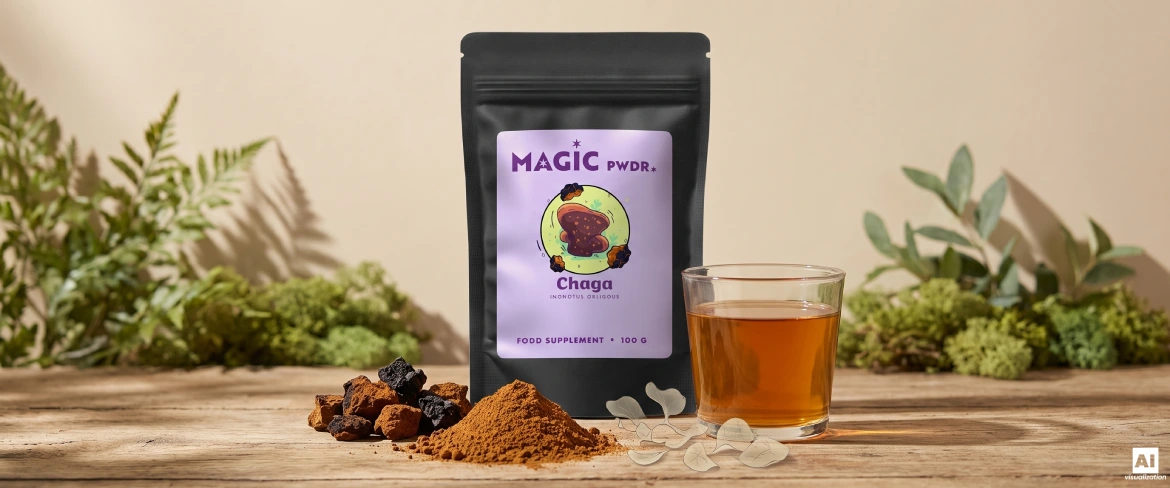 Chaga-pulverextrakt, torkade svampbitar och ett te intill en Magic Pwdr-doypack.