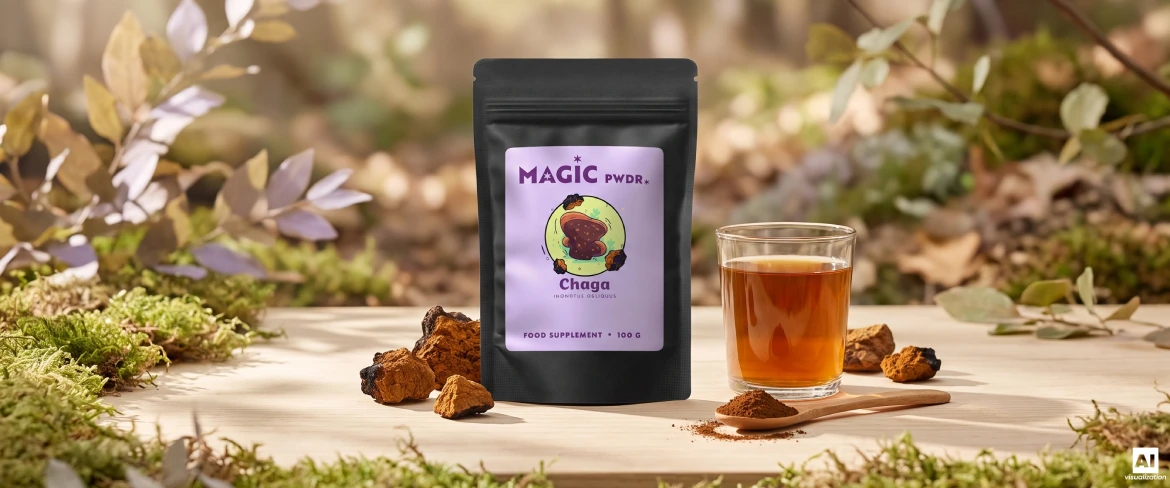 Magic Pwdr Chaga i doypack, extraktpulver, torkade svampbitar och en infusion.