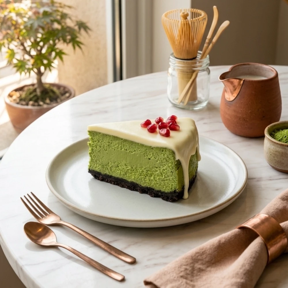 Krämig matcha-cheesecake med vit choklad och granatäpplefrön på en lätt tallrik