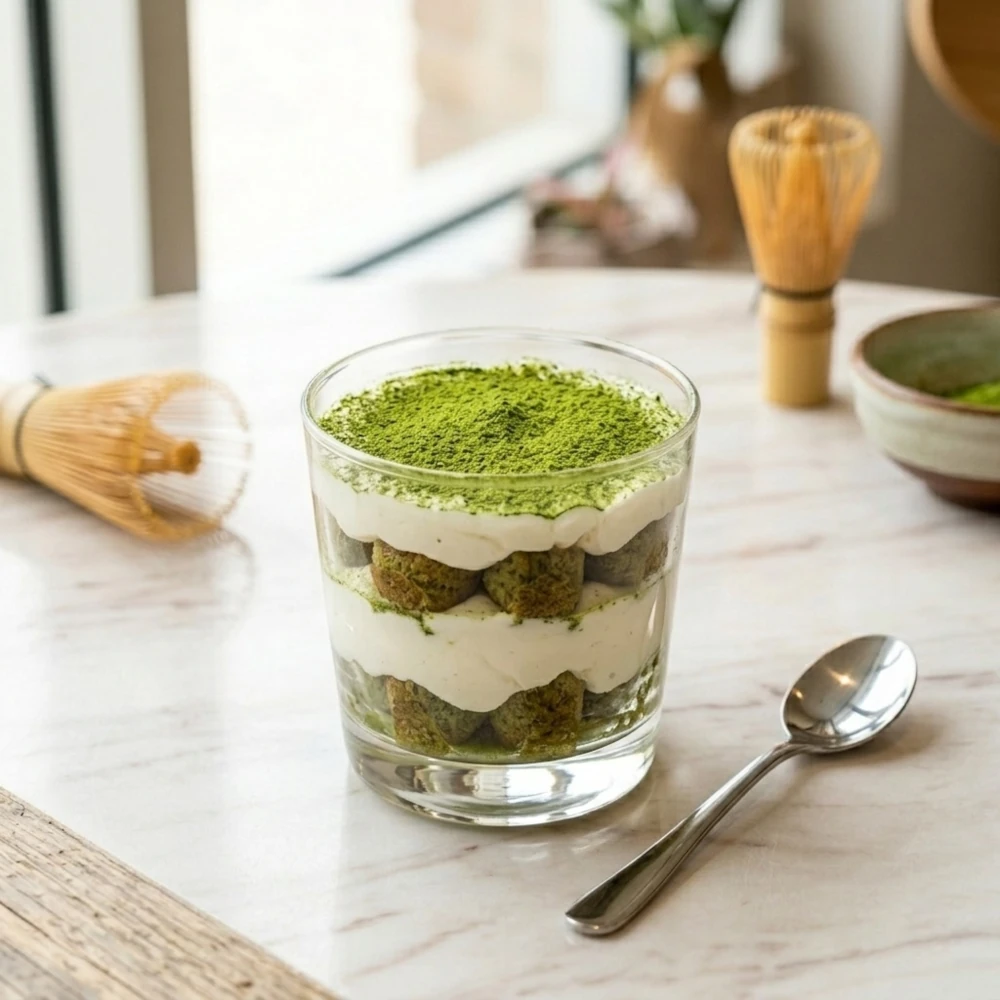 En matcha-tiramisu i lager i ett glas