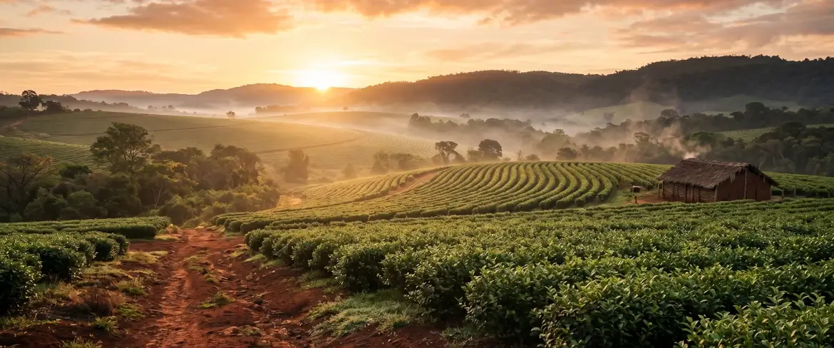 En dimmig järnekplantage vid soluppgången – källan till den traditionella paraguayanska yerba mate.
