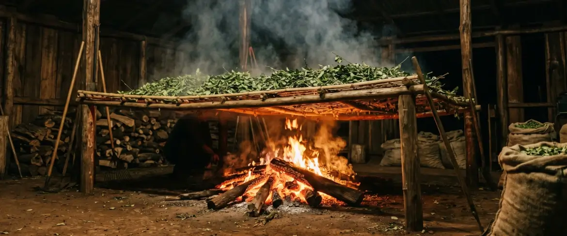 Den traditionella metoden att torka bladen över en barbacuá-eld, vilket ger den paraguayanska yerba mate sin rökiga smak.