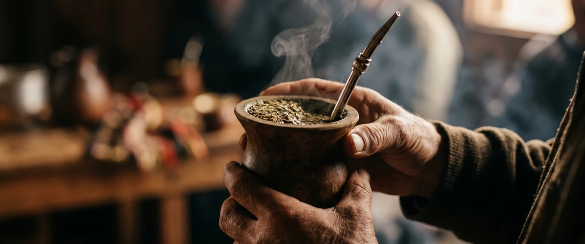 Händer som håller en mate-kalebass med ett varmt te – smaken, värmen och den uppiggande känslan från den starkaste yerba mate.