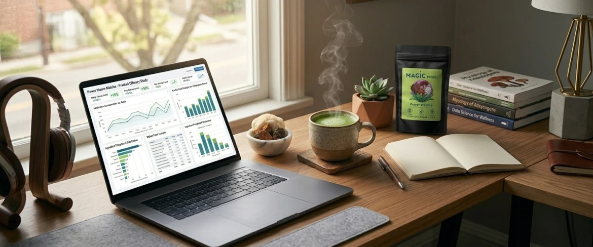 En modern arbetsplats med bärbar dator och en koncentrationsfrämjande dryck tillverkad av svampextrakt från medicinska svampar