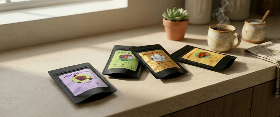 Svampkosttillskott på ett köksbord som visar hela Magic Pwdr-sortimentet, inklusive reishi, chaga och lejonmanen