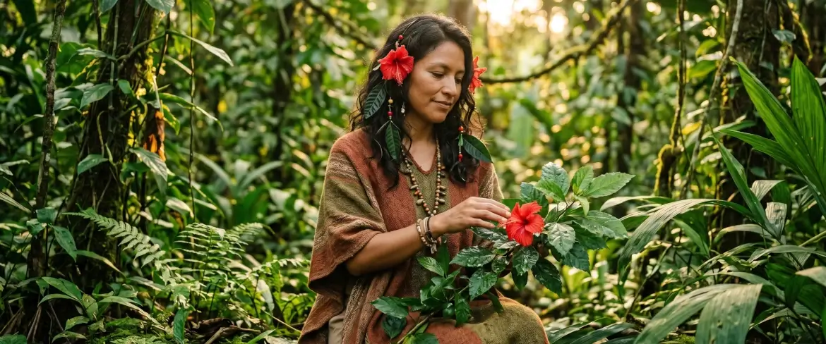 En kvinna som förkroppsligar en gudinna från Anderna, omgiven av Amazonas natur och hibiskusblommor – en symbol för Pachamama Guayusas hållbarhetsfilosofi.