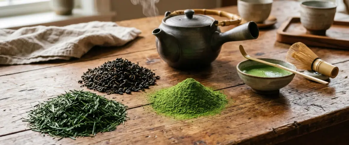 Lösa teblad på ett träbord: kinesiskt grönt te, pulveriserad japansk matcha och rullat indiskt svart te.