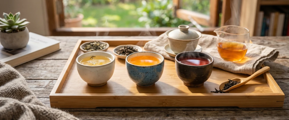 Tre koppar varmt te på ett bambufat som representerar olika tesorter: ett delikat kinesiskt te, ett friskt japanskt te och ett kraftfullt indiskt te.