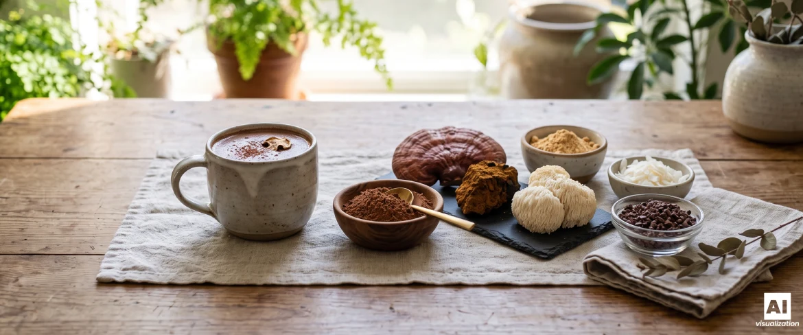 En mugg med kakao, kakaopulver, reishi-, chaga- och lejonmanesvampar samt kakaobönor på ett träbord.