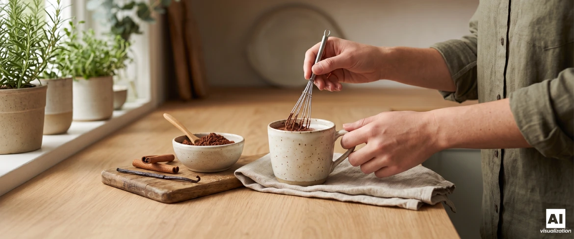 Man tillagar naturlig kakao i en mugg med en visp.
