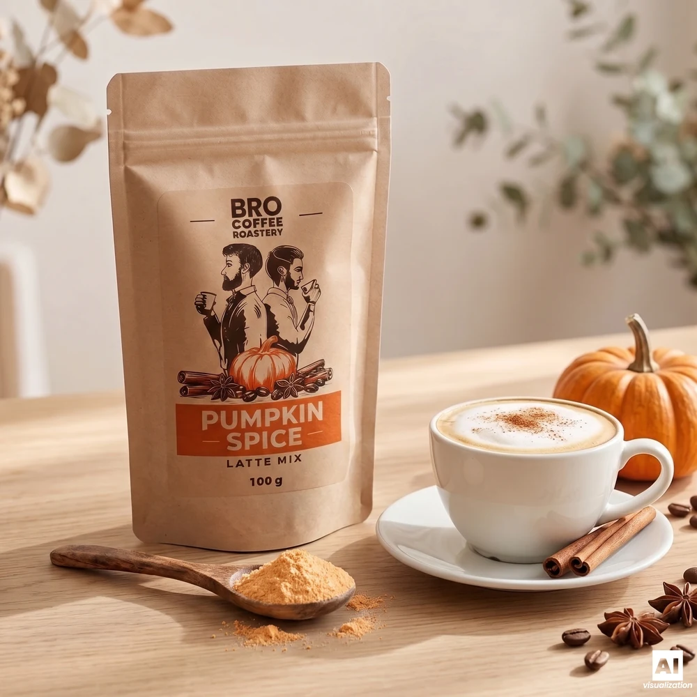 Bro Coffee Roastery Pumpkin Spice Latte Mix: en träsked med pumpapulver och en kopp latte strödd med kanel.
