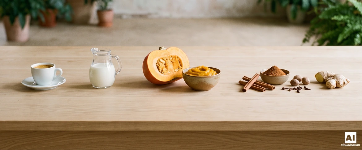 Ingredienser till pumpakaffe på ett träbord: espresso, mjölk, pumpa, pumpapuré, kanel, muskot, kryddnejlika och ingefära.