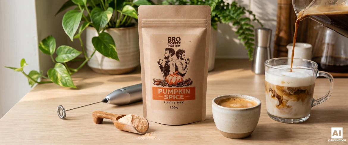 Bro Coffee Roastery Pumpkin Spice Latte Mix, en mjölkskummare och espresso som hälls upp i ett glas med mjölkskum.