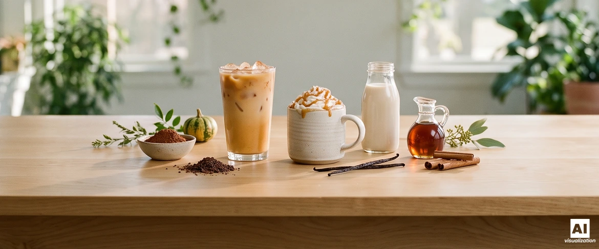 Kall pumpakaffe med is och en varm pumpalatte med karamell, tillsammans med en växtbaserad dryck, lönnsirap, kakao och vanilj.