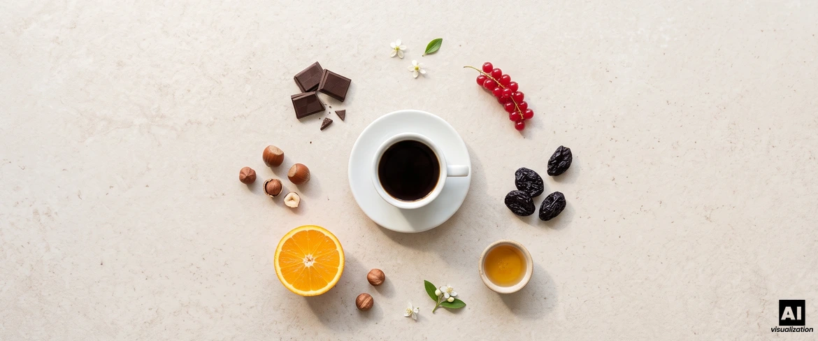 En kopp svart kaffe omgiven av choklad, nötter, apelsiner, vinbär och honung som illustrerar smaknyanserna.