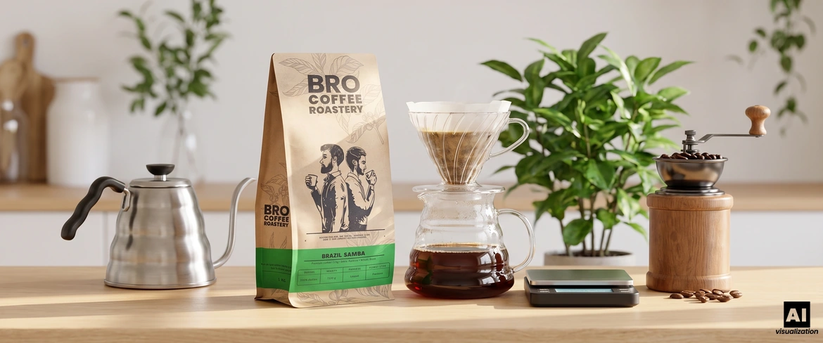 Bro Coffee Roastery: kaffe av sorten Brazil Samba bredvid en droppbryggare, en vattenkokare, en våg och en manuell kaffekvarn.