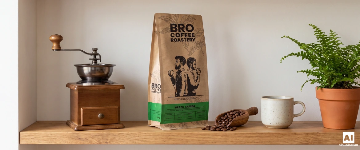 En förseglad påse med kaffe av sorten ”Brazil Samba” från Bro Coffee Roastery på en hylla bredvid en manuell kaffekvarn och en kopp.