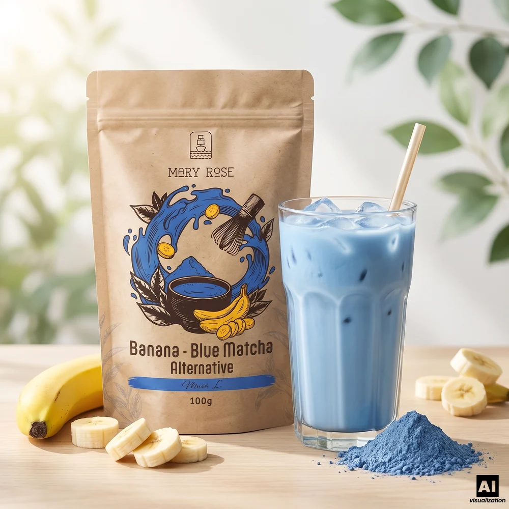 Mary Rose Blue Matcha Alternative – blå matcha med banan och spirulina, bredvid en blå islatte och en banan.