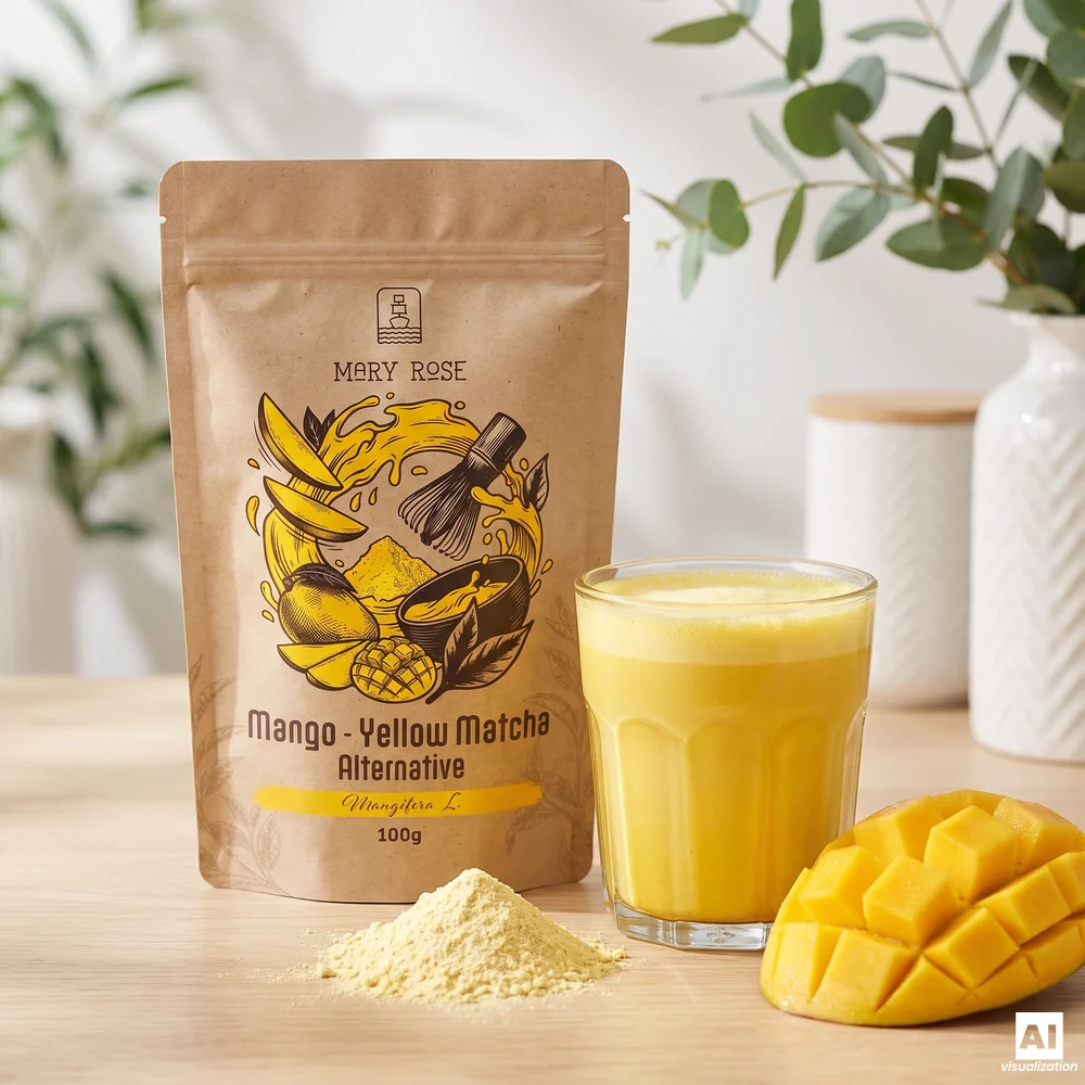 Mary Rose Yellow Matcha Alternative (mango-matcha): en förpackning, en gul dryck, pulver och mangobitar.