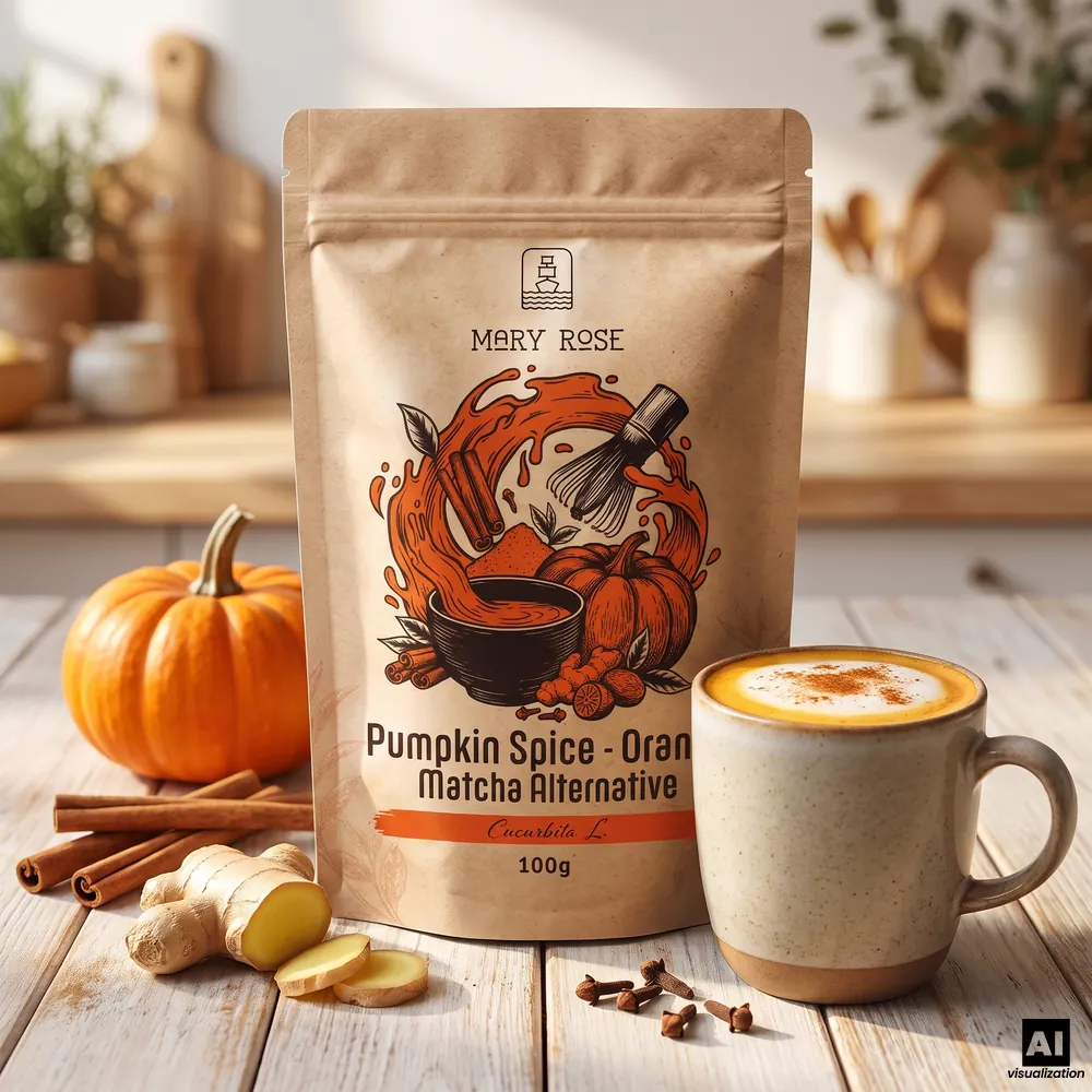 Mary Rose Orange Matcha Pumpkin Spice, bredvid en latte med kanel, en pumpa, kanelstänger, ingefära och kryddnejlika.