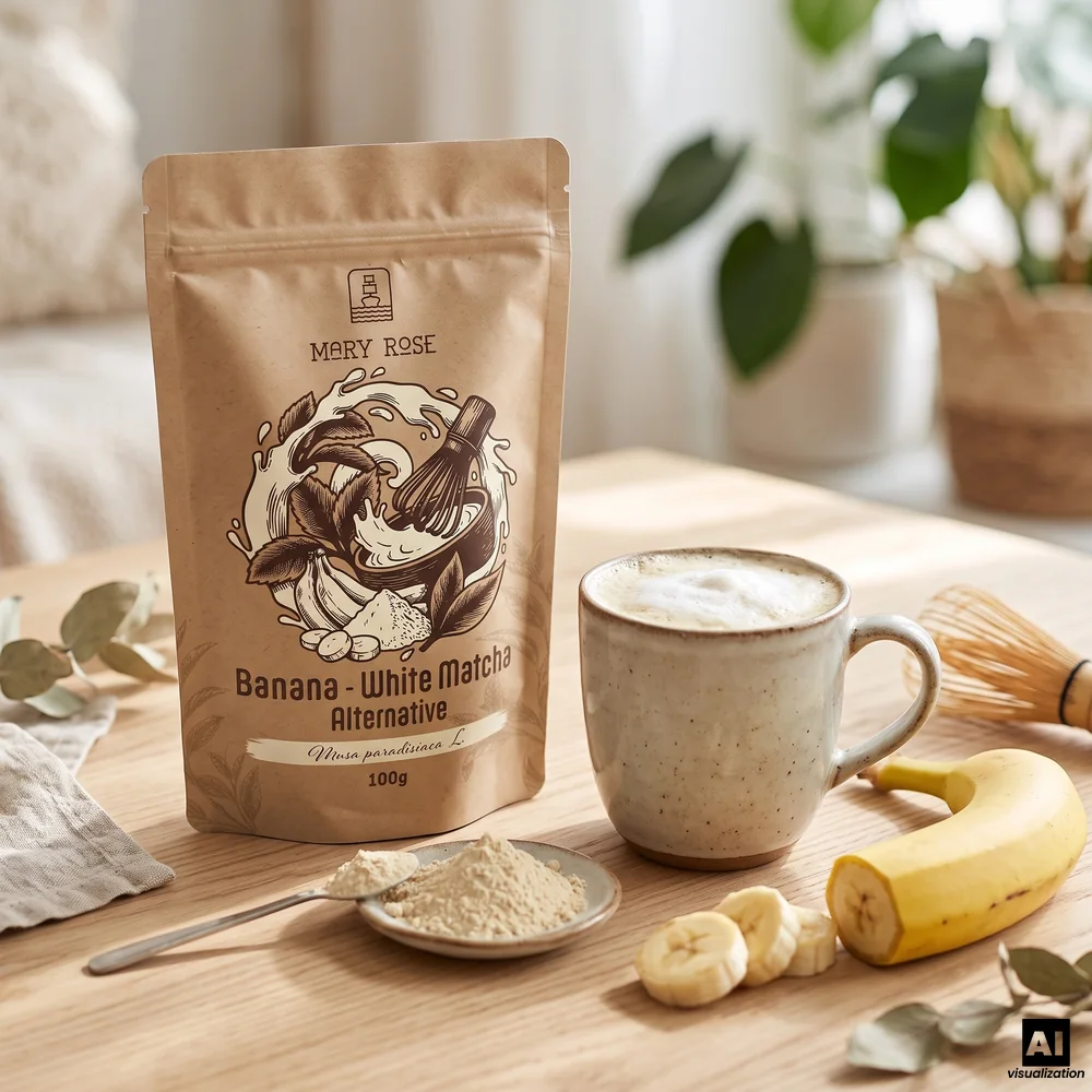 Mary Rose vit matcha: frystorkat bananpulver, bredvid en mugg med krämig bananlatte, en chasen-visp och en banan.