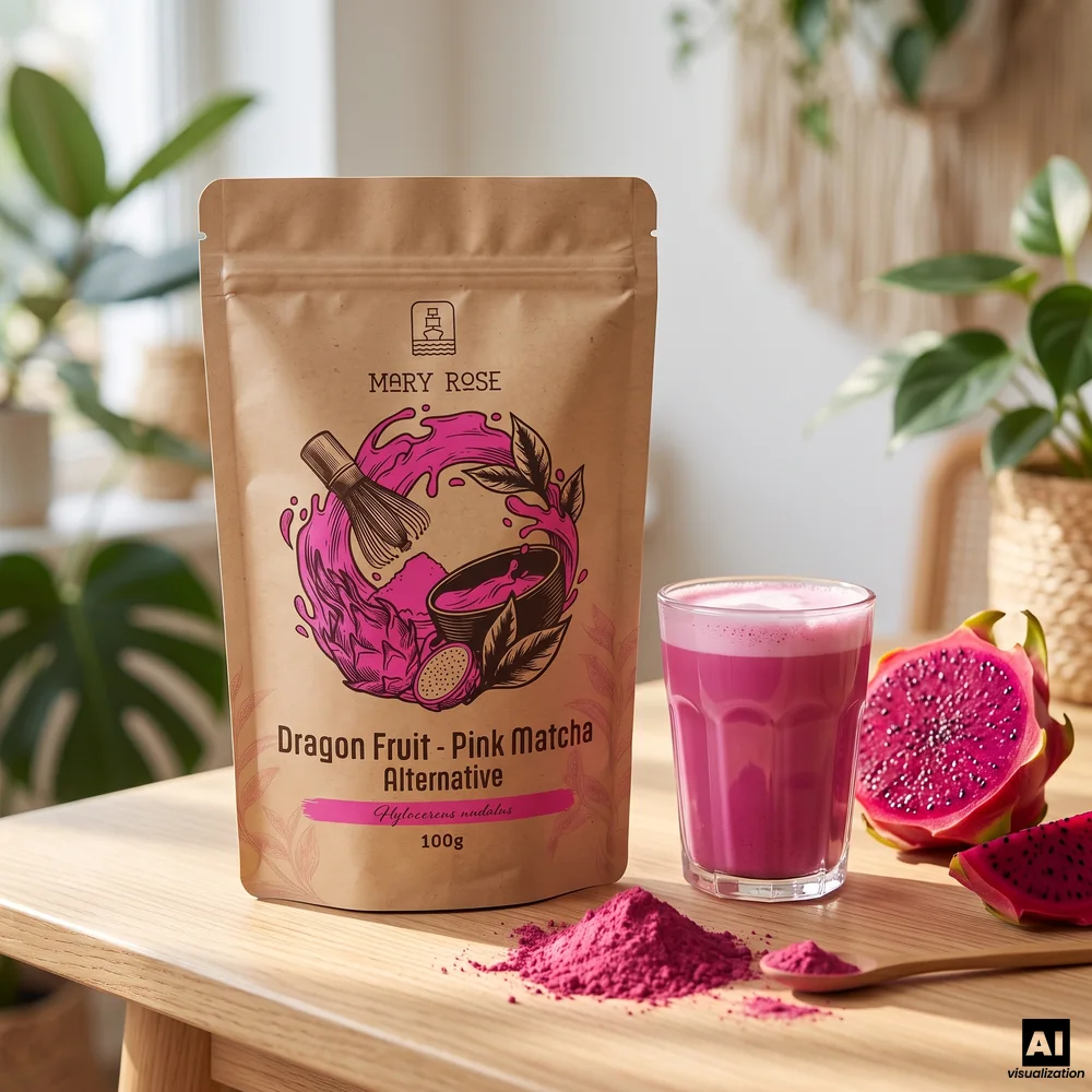 Mary Rose-rosa matcha gjord på frystorkad drakefrukt, bredvid en rosa latte, pulver och en halverad röd pitaya.