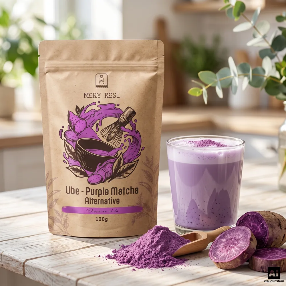 Mary Rose lila matcha: ube-pulver, bredvid en lila ube-latte, pulver på en träskopa och skivor av den lila rotknölen.
