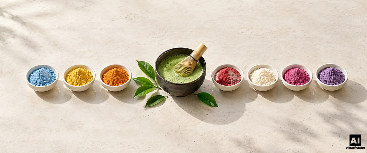 Klassisk grön matcha i en skål med en chasen-visp, och bredvid den färgglad matcha i sju små skålar med pulver.
