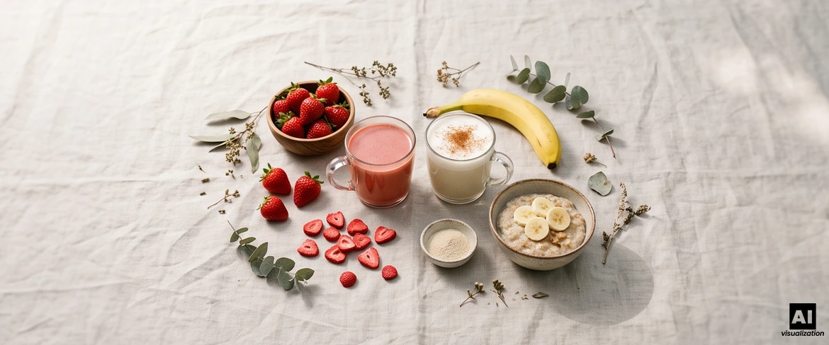 Röd matcha i en mugg som jordgubbslatte och en bananlatte med kanel, bredvid jordgubbar, en banan och gröt.