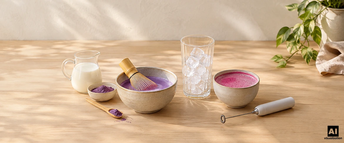 Så här gör man färgglad matcha: lila ube i en skål tillsammans med en chasen-visp, en rosa dryck, mjölk, is och en elektrisk mjölkskummare.