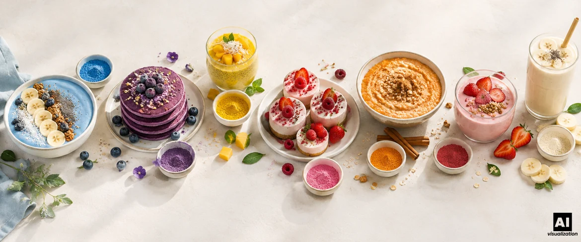 Färgglada pulver i köket: en blå smoothie-skål, lila ube-pannkakor, mangopudding och rosa mini-cheesecakes.