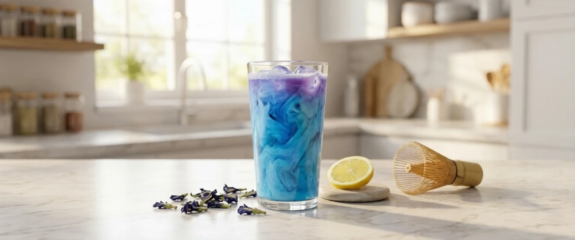 Vad är blå matcha och hur ser den ut? Blå matcha gjord på clitoria ternatea serverad med citron