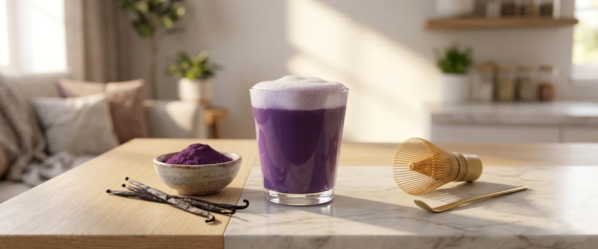 Vad är ube? Lila matcha serverad i ett glas med mjölk