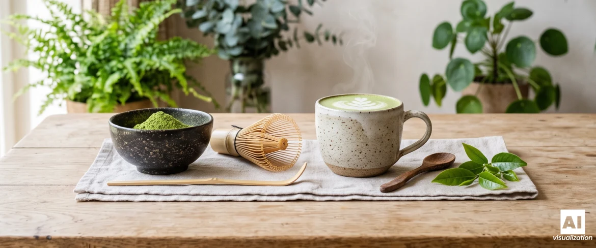 Matcha latte med mjölk i en keramikmugg, en skål med matchapulver och en bambuvisp.