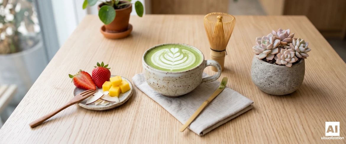 Matcha latte med mjölk, en bambuvisp samt jordgubbar, mango och kokos på ett bord.