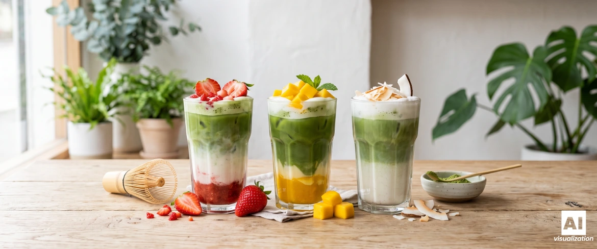 Färgglada matcha-latte i flera lager med jordgubbar, mango och kokos i glas.