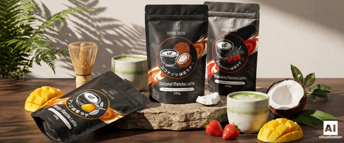 Mary Rose-matcha latte-produkter i tre smaker, inklusive en dryck, frukt och en bambuvisp.